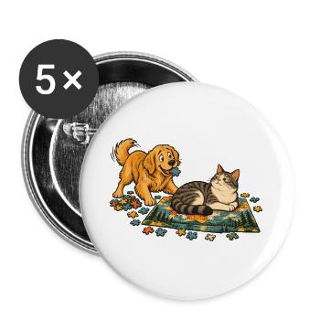 Golden Retriever und Katze puzzeln zusammen - Buttons groß 56 mm (5er Pack) - Weiß - Vorne
