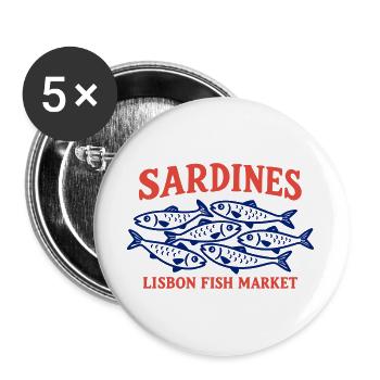 Vintage Lissabonner Fischmarkt Sardinen Portugal - Buttons groß 56 mm (5er Pack) - Weiß - Vorne