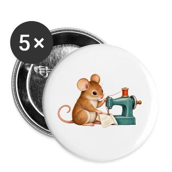 Maus näht mit einer Nähmaschine - Buttons groß 56 mm (5er Pack) - Weiß - Vorne
