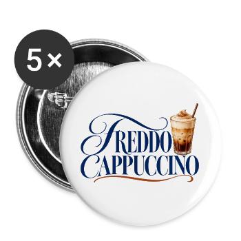 Freddo Cappuccino Schrift mit Eiskaffee - Buttons groß 56 mm (5er Pack) - Weiß - Vorne