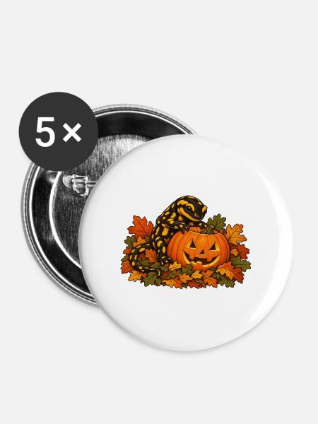 Salamander am Kürbis - Buttons groß 56 mm (5er Pack) - Weiß