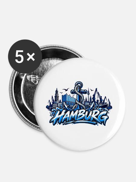Hamburg Hafenanker Skyline - Buttons groß 56 mm (5er Pack) - Weiß