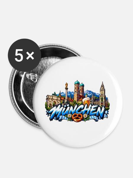 München Skyline und Bierkunst - Buttons groß 56 mm (5er Pack) - Weiß
