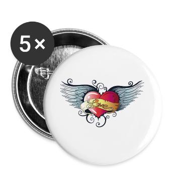 Big heart with wings, Tattoo Style. - Buttons large 2.2''/56 mm (5-pack) - white - Front