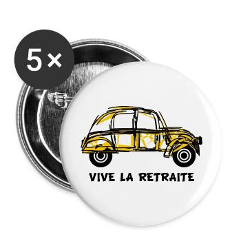 BONNE RETRAITE. JOYEUSE RETRAITE. VIVE LA RETRAITE - Lot de 5 grands badges (56 mm) - blanc - Devant