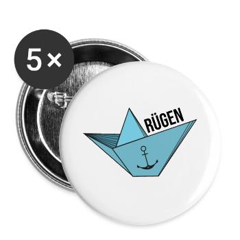 Papierschiff mit Anker Meer Urlaub Spruch Rügen - Buttons groß 56 mm (5er Pack) - Weiß - Vorne