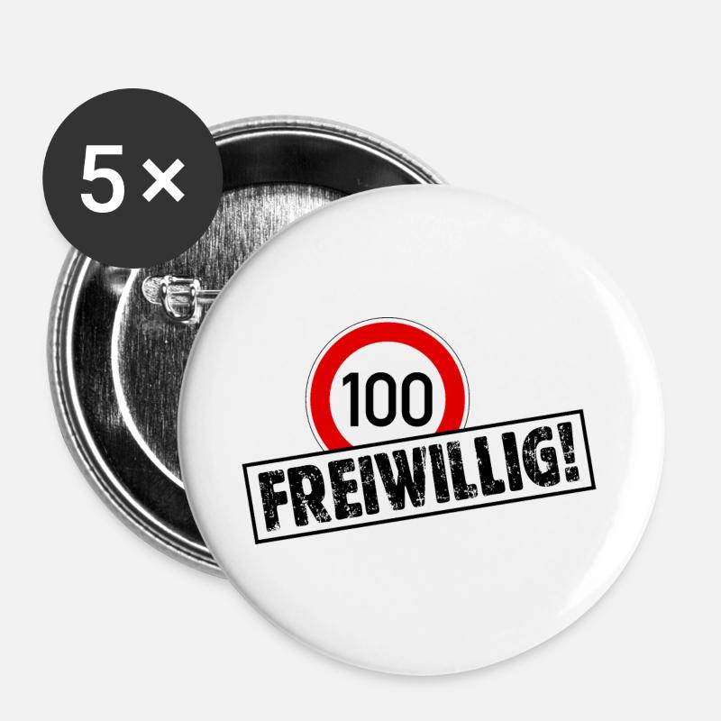 Tempo 100 FREIWILLIG! Tempolimit Aufkleber - Buttons groß 56 mm (5er Pack) - Weiß