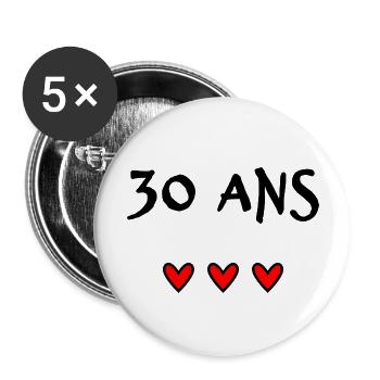 30 ANS. 30e ANNIVERSAIRE. ANNIVERSAIRE 30 ANS. 30 - Lot de 5 grands badges (56 mm) - blanc - Devant