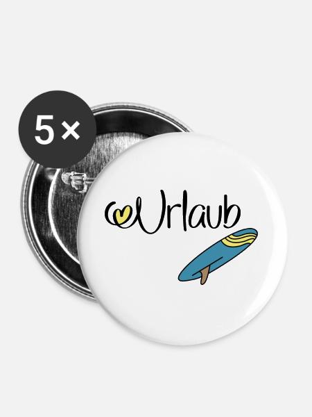 Urlaub mit Surfbrett - Buttons groß 56 mm (5er Pack) - Weiß