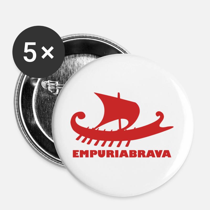 Schiff Empuriabrava/Schrift rot #C62626 - Buttons groß 56 mm (5er Pack) - Weiß