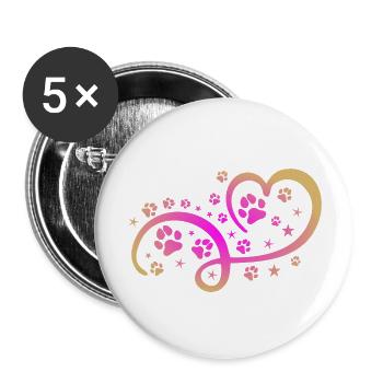 Herz mit Pfötchen und Sternen - Buttons groß 56 mm (5er Pack) - Weiß - Vorne
