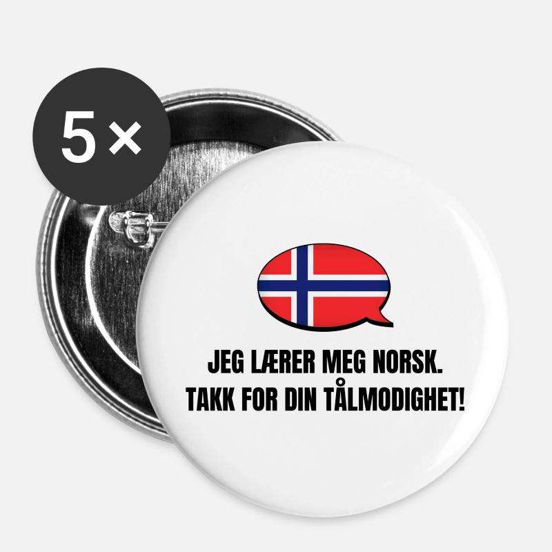 Jeg lærer norsk! - Stor pin 56 mm (5-er pakke) - hvit