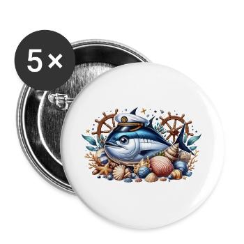 Kapitän Thunfisch - Buttons groß 56 mm (5er Pack) - Weiß - Vorne