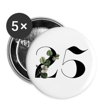 Numéro 25 floral vert -25e anniversaire floral - Lot de 5 grands badges (56 mm) - blanc - Devant
