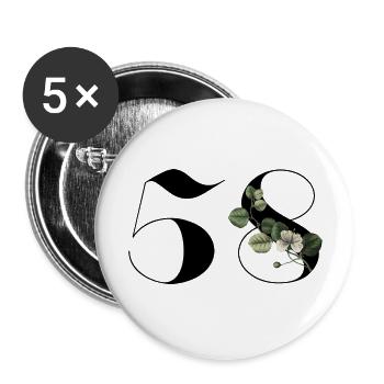 Numéro 58 floral vert - 58e anniversaire floral - Lot de 5 grands badges (56 mm) - blanc - Devant