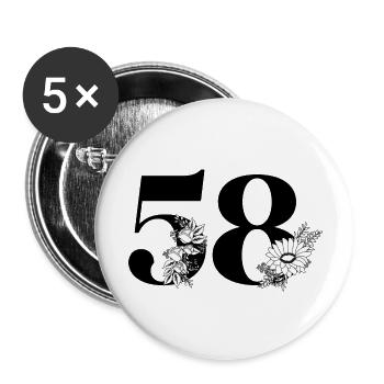 Numéro 58 floral noir - 58e anniversaire floral - Lot de 5 grands badges (56 mm) - blanc - Devant