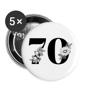 Numéro 70 floral noir - 70e anniversaire floral - Lot de 5 grands badges (56 mm) - blanc - Devant