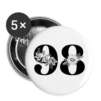 Nummer 98 Schwarze Blumen - 98. Blumengeburtstag - Buttons groß 56 mm (5er Pack) - Weiß - Vorne