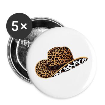 Cowboyhut mit Leoparden- und Kuhmuster – Trendiges - Buttons groß 56 mm (5er Pack) - Weiß - Vorne