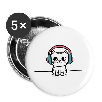 Süße Katze mit Kopfhörern Doodle - Buttons groß 56 mm (5er Pack) - Weiß - Vorne