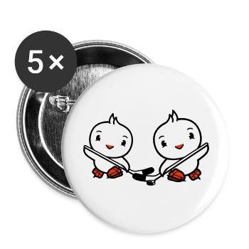2 Vögel spielen Eishockey Sport Puck Zwei Schläger - Buttons groß 56 mm (5er Pack) - Weiß - Vorne