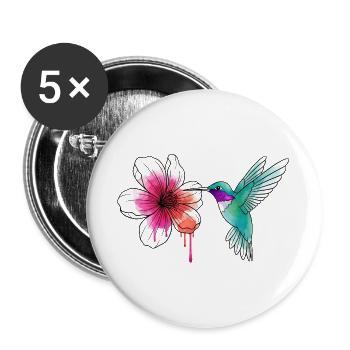 Wasserfarben Hummingbird mit Hibiskus - Buttons groß 56 mm (5er Pack) - Weiß - Vorne