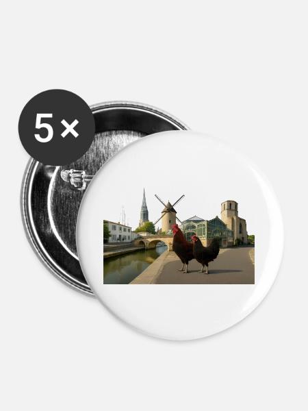 Marans, Stadthähne an der Mühle - Buttons groß 56 mm (5er Pack) - Weiß