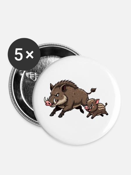 Wildschwein mit Frischling - Buttons groß 56 mm (5er Pack) - Weiß