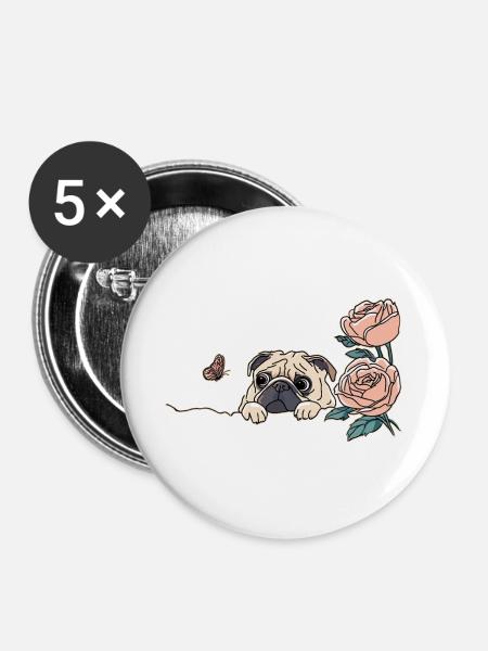 Mops mit Schmetterling - Buttons groß 56 mm (5er Pack) - Weiß