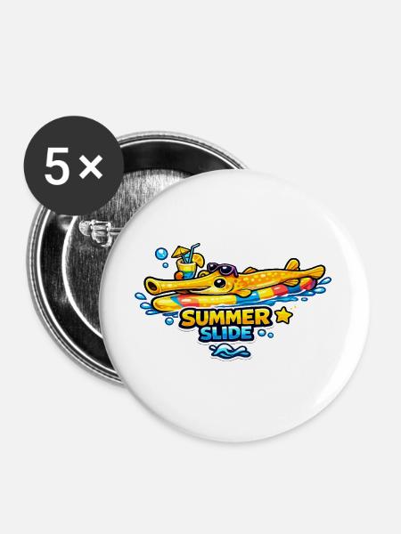Sommergleiter Krokodil mit Schlauchboot - Buttons groß 56 mm (5er Pack) - Weiß