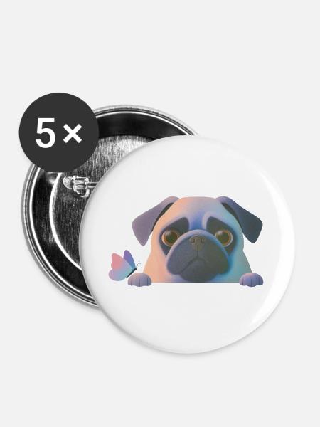 Mops mit Schmetterling - Buttons groß 56 mm (5er Pack) - Weiß