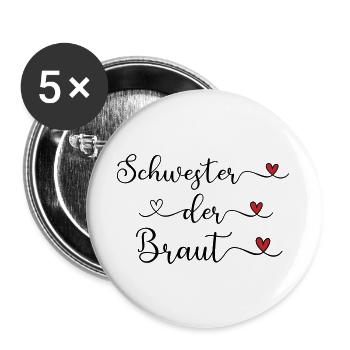 Schwester der Braut niedliches Design mit Herz - Buttons groß 56 mm (5er Pack) - Weiß - Vorne