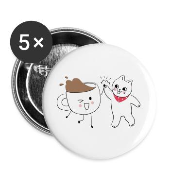 Süße Katze und Kaffeetasse High Five - Buttons groß 56 mm (5er Pack) - Weiß - Vorne
