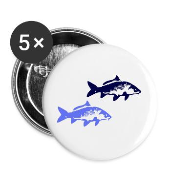 Zwei blaue Fischsilhouetten - Buttons groß 56 mm (5er Pack) - Weiß - Vorne