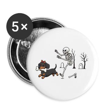 Dackel und Skelett Halloween-Jagd - Buttons groß 56 mm (5er Pack) - Weiß - Vorne