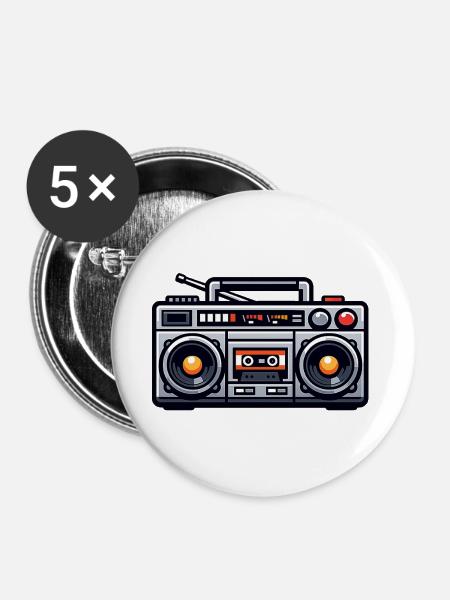 Retro Boombox Illustration - Buttons groß 56 mm (5er Pack) - Weiß