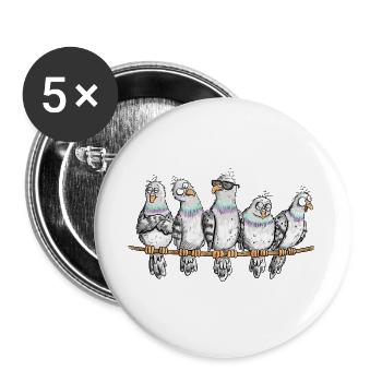 Fünf lustige Tauben Stadttauben Brieftauben Vogel  - Buttons groß 56 mm (5er Pack) - Weiß - Vorne