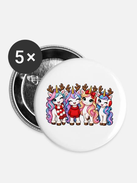 Weihnachts-Einhörner mit Rentiergeweih - Buttons groß 56 mm (5er Pack) - Weiß