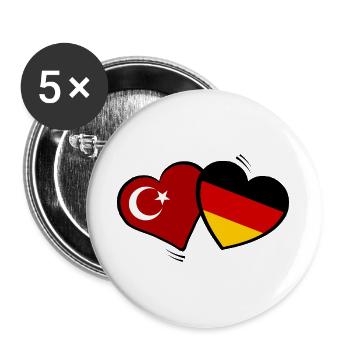 Türkei Deutschland Herzenflaggen - Buttons groß 56 mm (5er Pack) - Weiß - Vorne