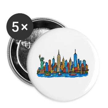 Bunte New York Skyline im Kinder-Kritzelstil - Buttons groß 56 mm (5er Pack) - Weiß - Vorne
