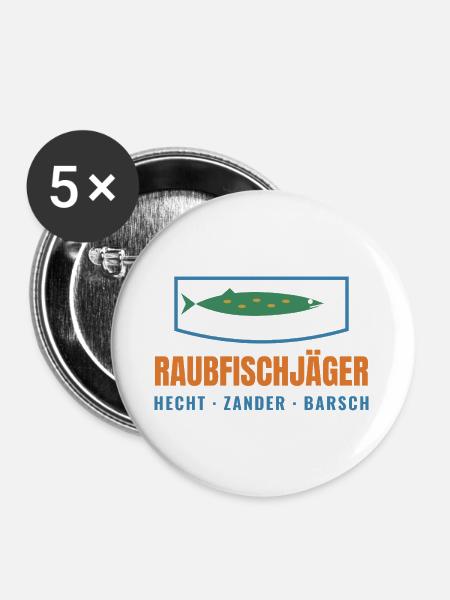 Raubfischjäger – Hecht Zander Barsch - Buttons groß 56 mm (5er Pack) - Weiß