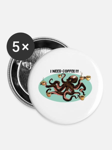 Kaffeeliebender Oktopus - Buttons groß 56 mm (5er Pack) - Weiß