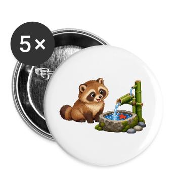 Tanuki am japanischen Bambus-Wasserspiel - Buttons groß 56 mm (5er Pack) - Weiß - Vorne