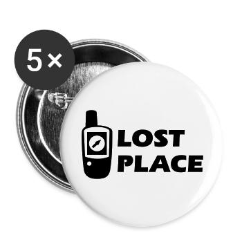 Geocaching GPS Lost Place Cache - Buttons groß 56 mm (5er Pack) - Weiß - Vorne