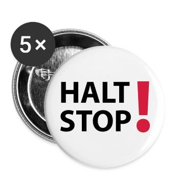 Halt Stop! - Buttons groß 56 mm (5er Pack) - Weiß - Vorne