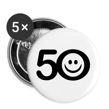 Zum Fünfzigsten: 50 mit Lächel-Gesicht - Buttons groß 56 mm (5er Pack) - Weiß - Vorne