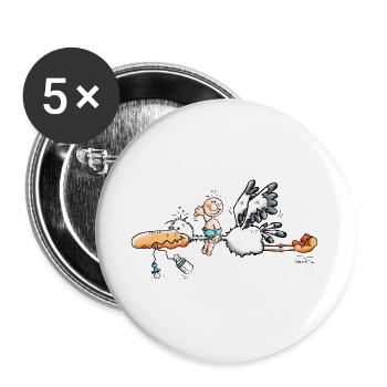 Storch bringt Babyglück - Buttons groß 56 mm (5er Pack) - Weiß - Vorne