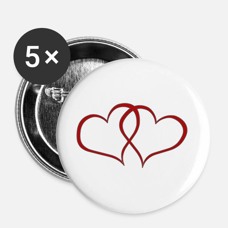 zwei rote Herzen - Buttons groß 56 mm (5er Pack) - Weiß