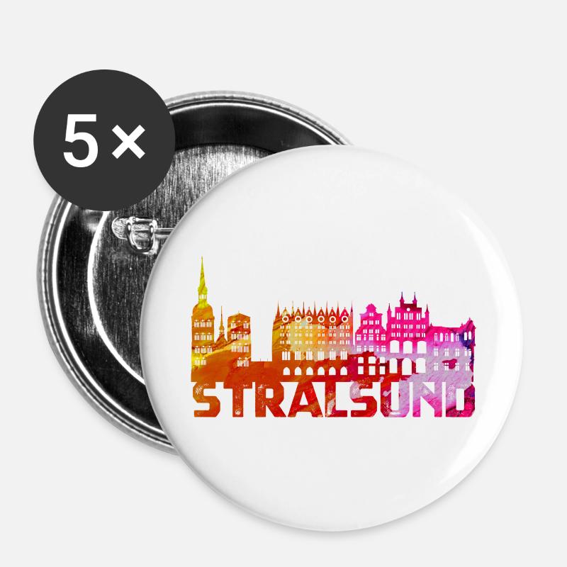Hansestadt Stralsund Silhouette Skyline Ostsee B - Buttons groß 56 mm (5er Pack) - Weiß