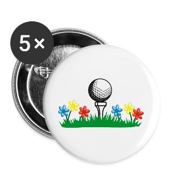 Bâton de golf et balle sur la pelouse avec des fleurs - Lot de 5 grands badges (56 mm) - blanc - Devant